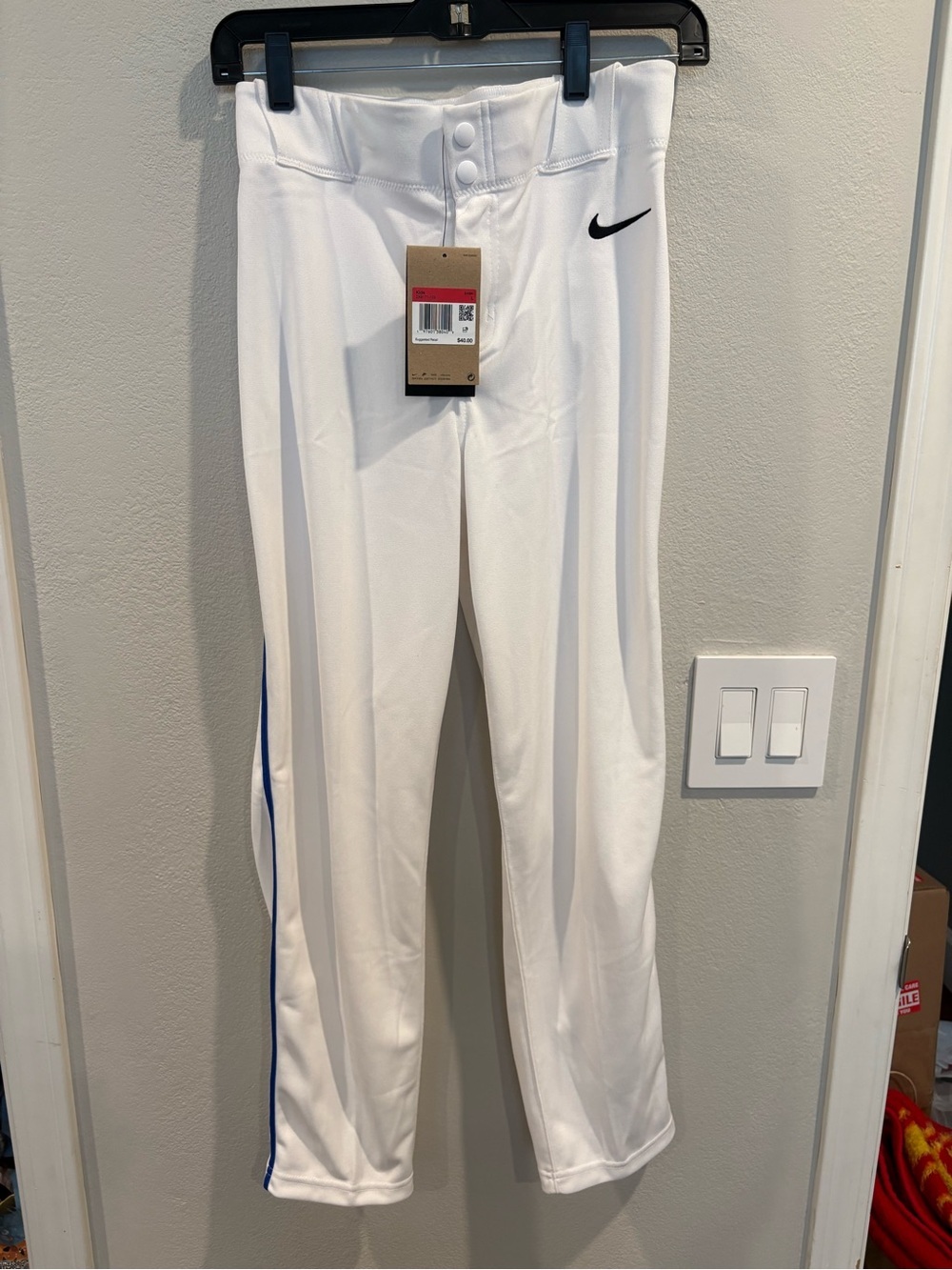 Nike Full Length Baseball Pants White/Royal Blue Piping Youth Size Small 8/9 New
